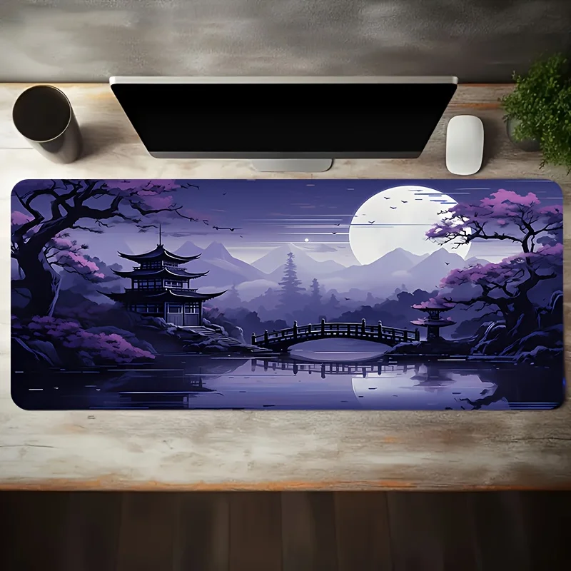 Purple Moonlit Pagoda Bridge Oversized Gaming Mouse Pad Non-Slip Rubber Desk Mat