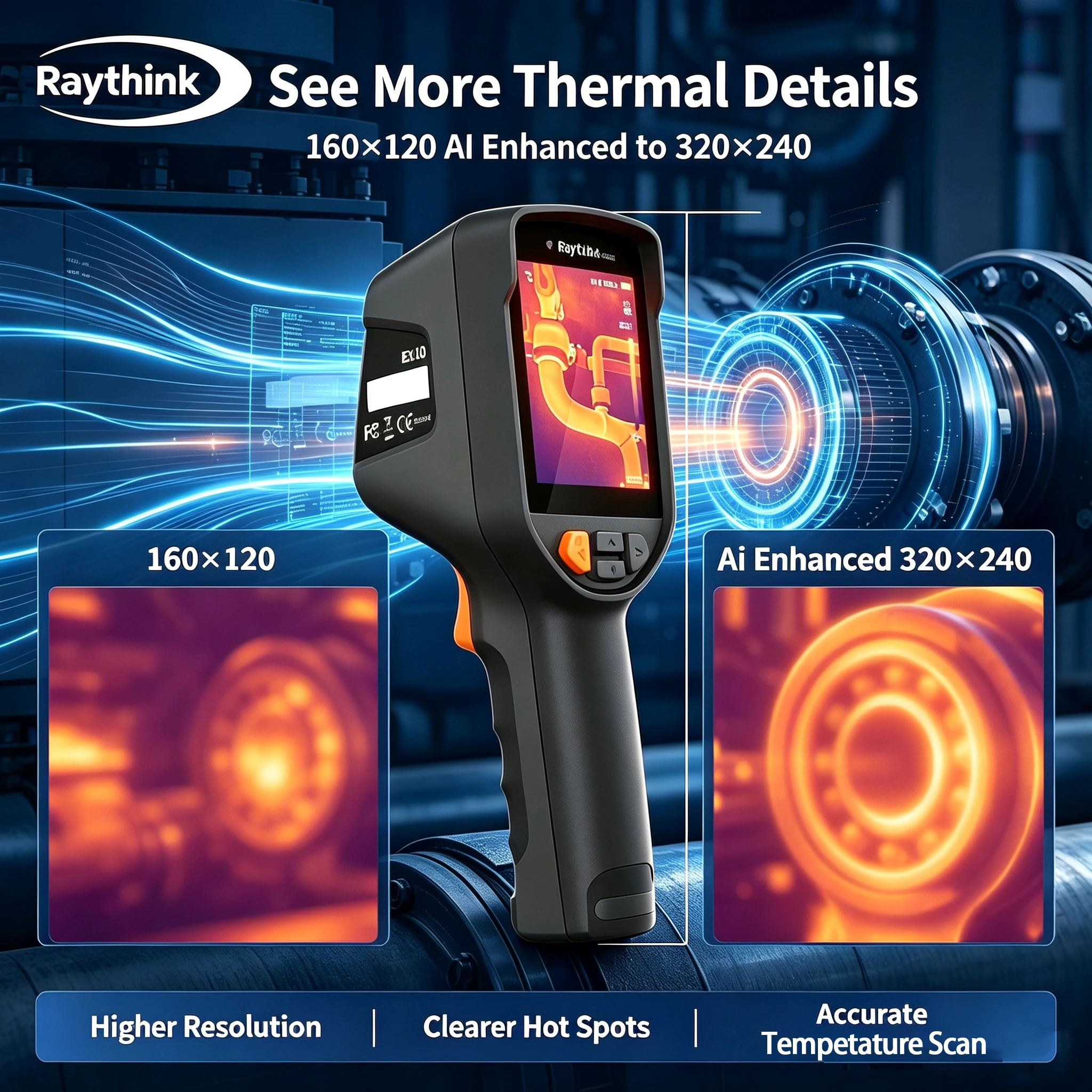 Raythink handheld thermal imager AI super-resolution 320 * 240, -20 ℃ -550 ℃ equipment troubleshooting infrared thermal imaging