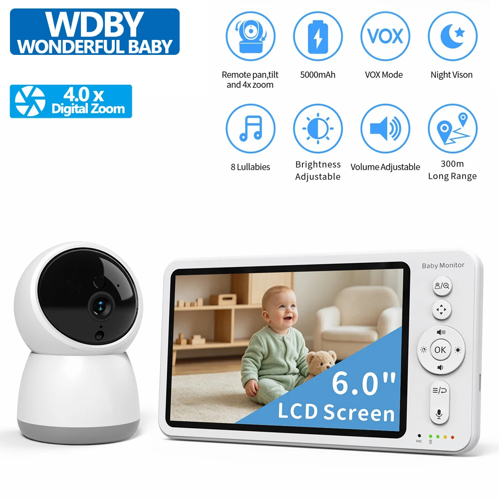 6.0 Inch Video Baby Monitor with 4X Zoom PTZ Camera 720P HD Split Screen 2 Way Audio IR Night Vision 5000mAh Battery Baby Nanny