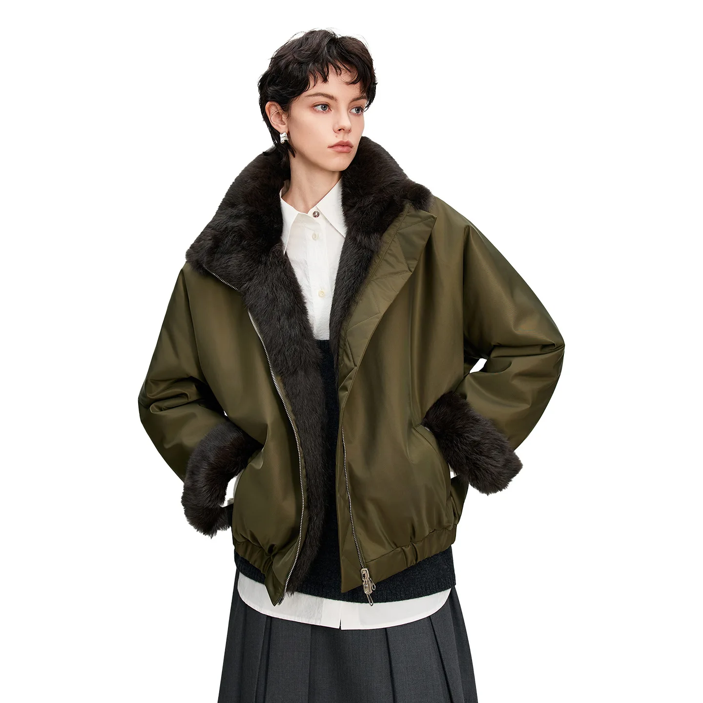 Women Winter Season Casual Mid-Length Rabbit Fur Lined Jacket Korean Style Warmth Outerwear Fashion Element Pockets