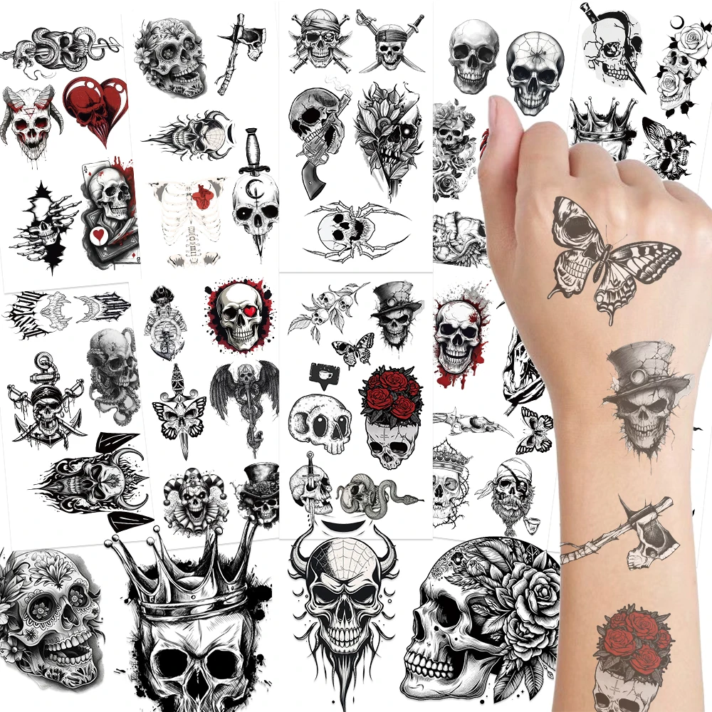 

10 листов ужасные татуировки с черепом, наклейки для рук, тела, декоративные временные водонепроницаемые татуировки, наклейки, креативные подарки для вечеринок