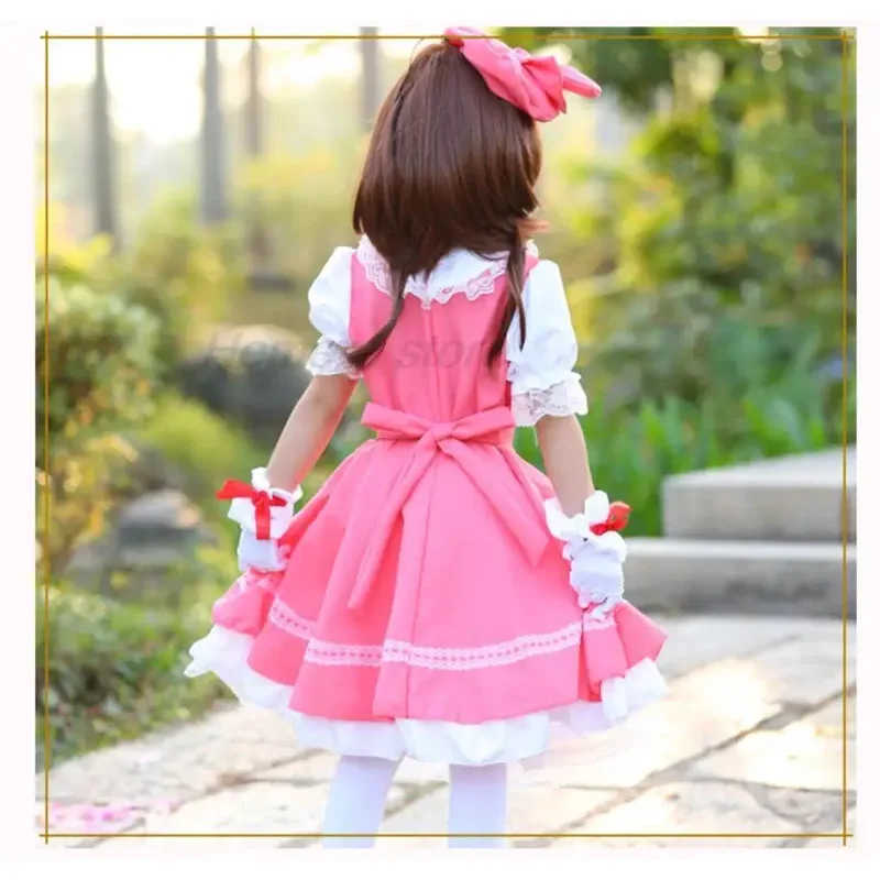 Anime girls pink carcaptor Sakura princess dress cosplay costume lolita dress for kid card combat uniform apron dress with hat