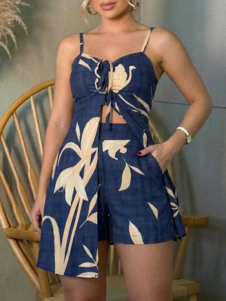 Ensemble 2 pièces pour femmes, été, nouvelle mode, décontracté, élégant, style vacances, imprimé floral, débardeur à col en V, ensemble short droit