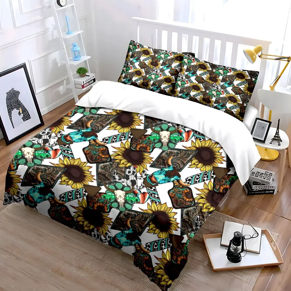 3Pcs Boho Western Bedding Set, Sunflower and Cow Skull with Turquoise Print Duvet Cover, Cozy Farmhouse Bedroom Decor