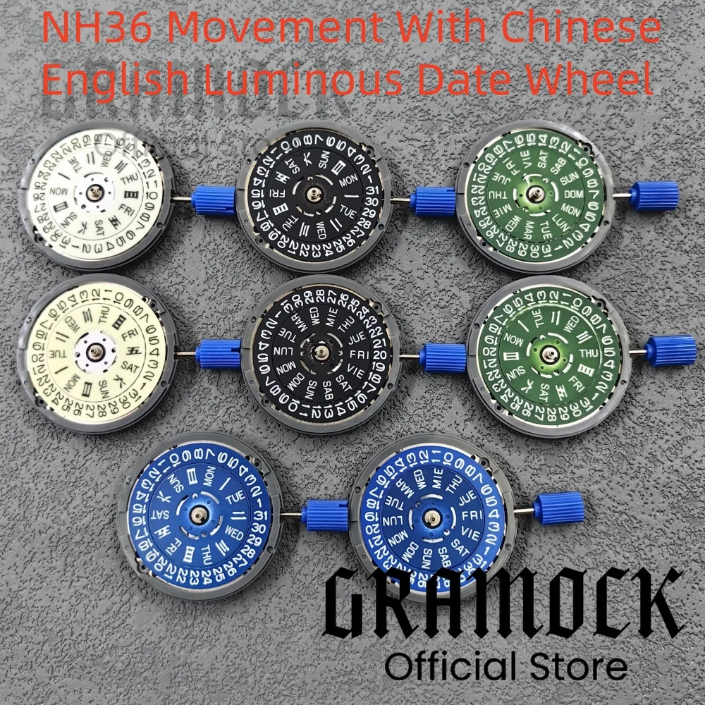 

GRAMOCK NH36 Luminous Black White Blue English Chinese Calendar Disc High Accuracy 24 Jewels Automatic Movemen 3.0 O'Clock Crown