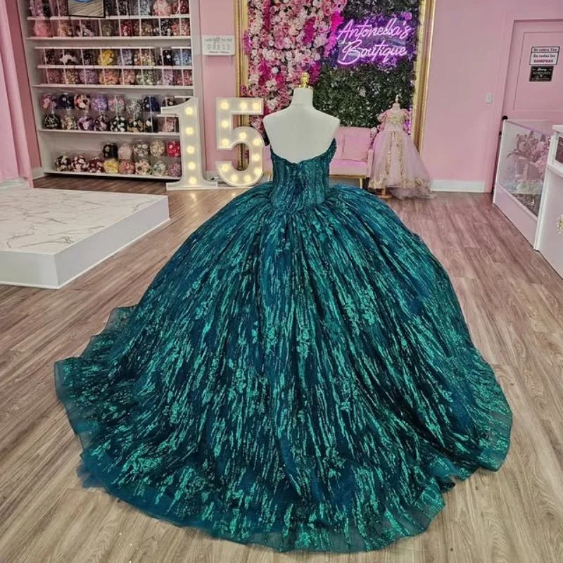 Abiti Quinceanera verde nerastro lucido personalizzati con spalle scoperte applique con paillettes in pizzo Vestido De 15 Quinceanera