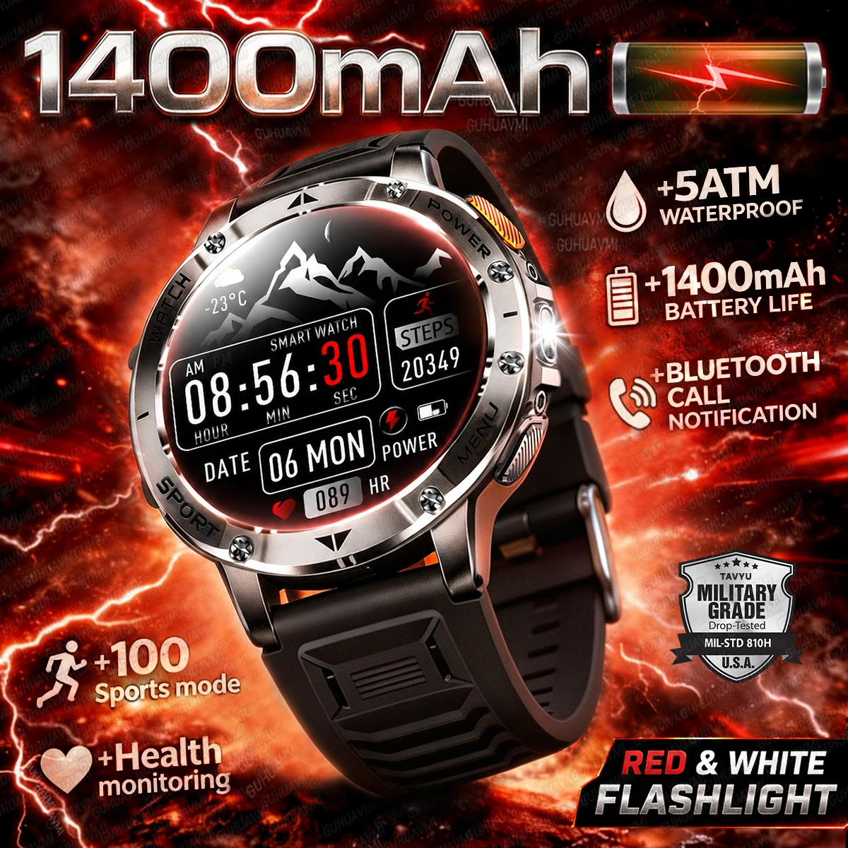 

2026New 1400mAh Military GPS Tracker Sports Smart Watch Men Strong Flashlight 1.7" AMOLED Screen 5ATM Swim Clock SOS Call Health