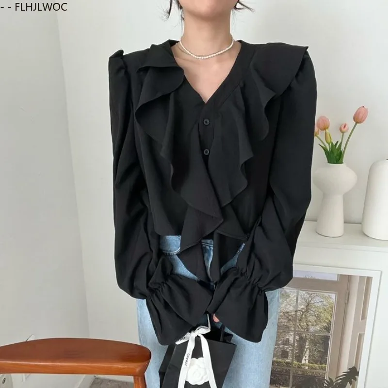 Damskie koreańskie eleganckie bluzki z falbankami, krótkie topy, bluzki damskie z długim rękawem, eleganckie, podstawowe ubrania do biura, białe koszule do pracy.