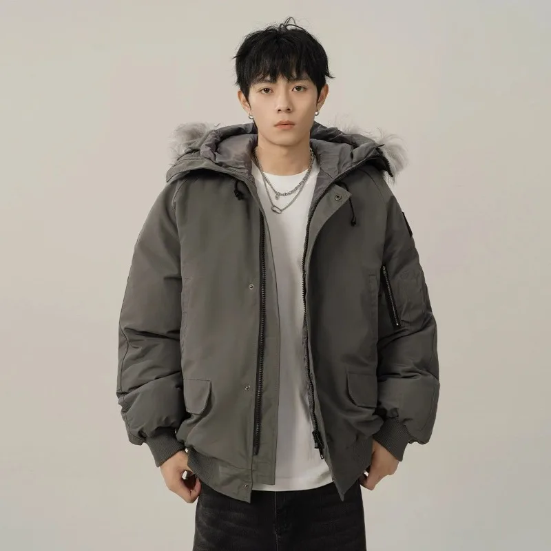 

Men's Vintage American Style Faux Fur Collar Puffer Jacket Thick Warm Cotton Winter Coat Loose Fit Gray Workwear Fashion