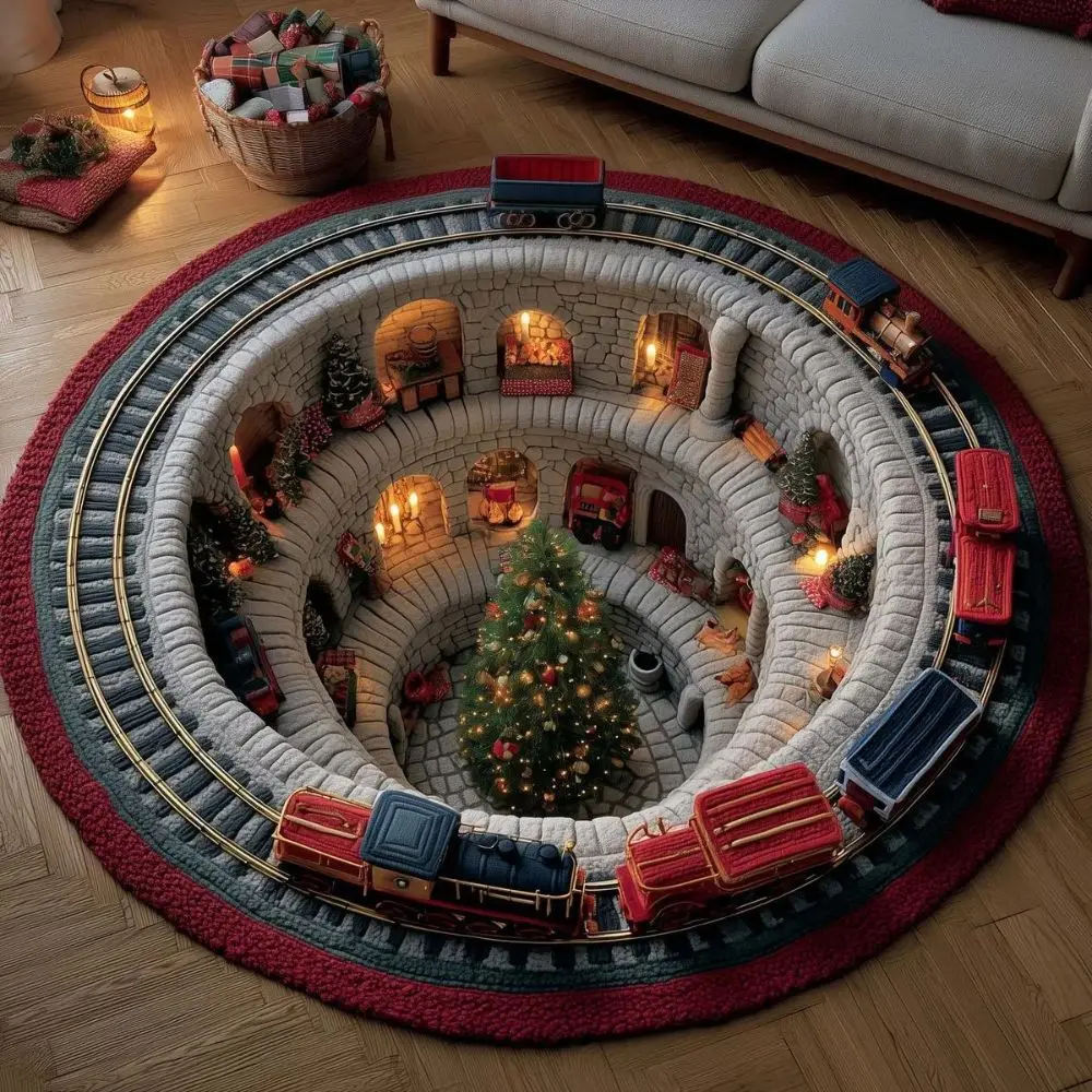 Optical Illusion Christmas 3D Rug 60*60cm Crystal Velvet Bedroom Door Mat Anti-Slip Round Base Mat for Living Room Bedroom