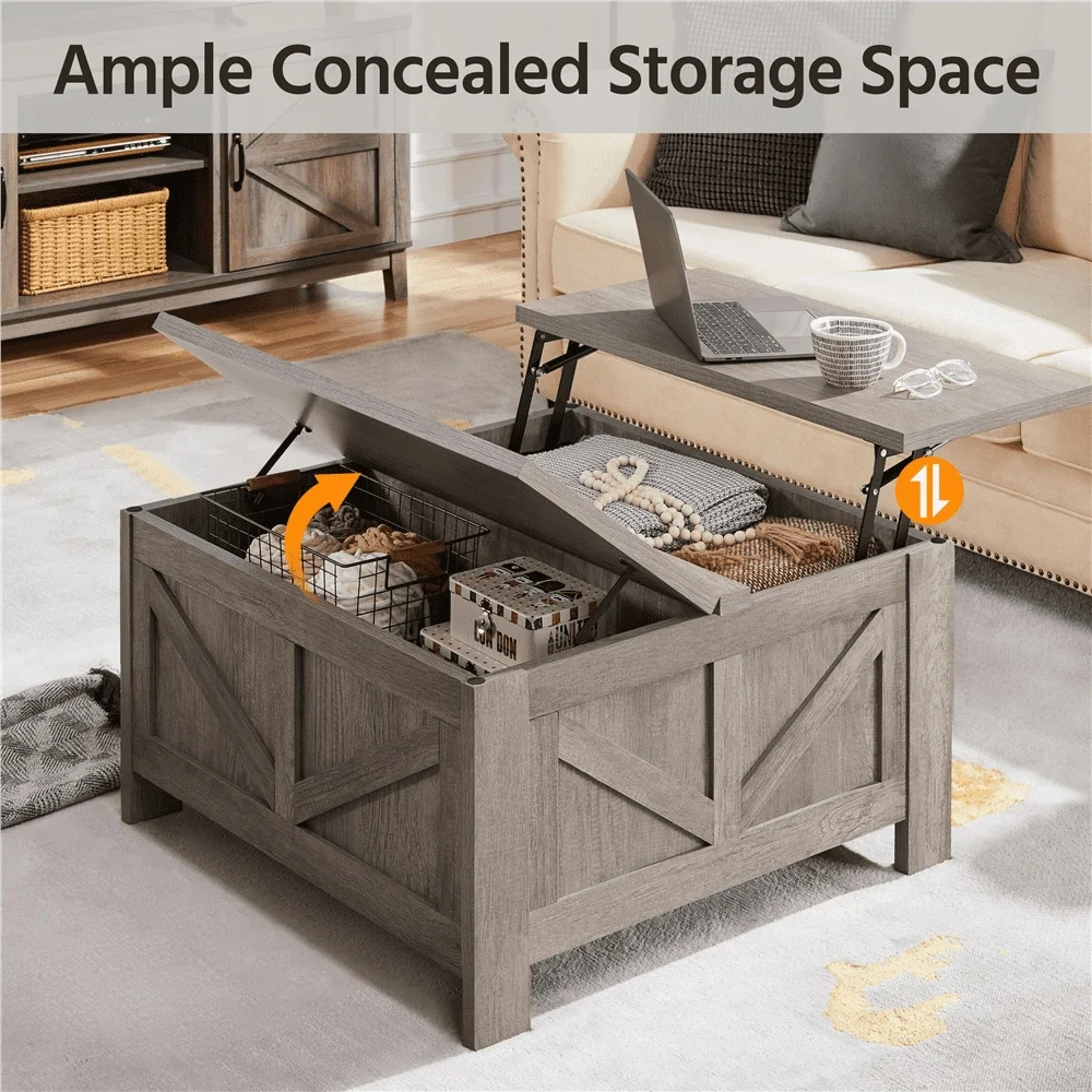 Rustic Lift-Top Coffee Table with Hidden Storage Gray MDF Compact Multifunctional Living Room Furniture Small Spaces