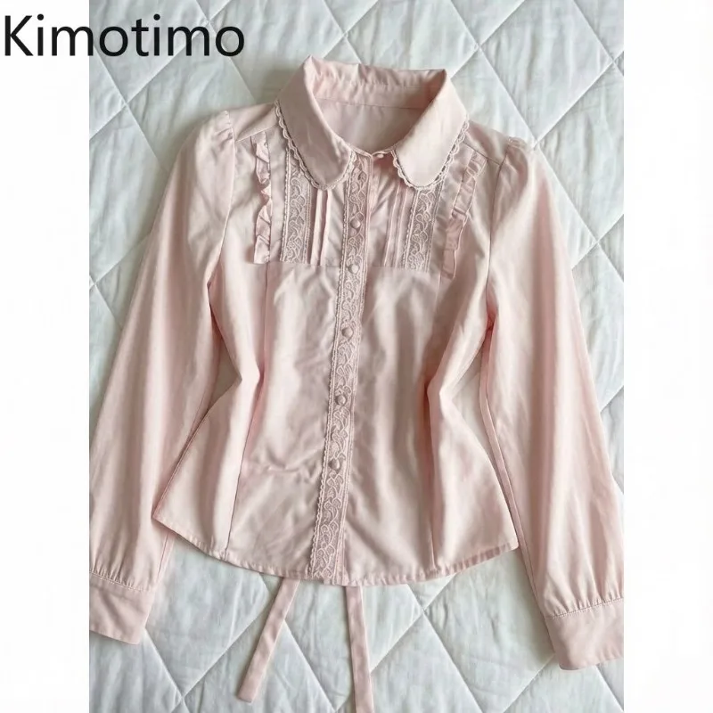 Kimotimo Elegant Long Sleeve Shirt Women Vintage Lapel Patchwork Lace Ruffle Button Up Tops Autumn Sweet Y2k Slim Waist Blouse