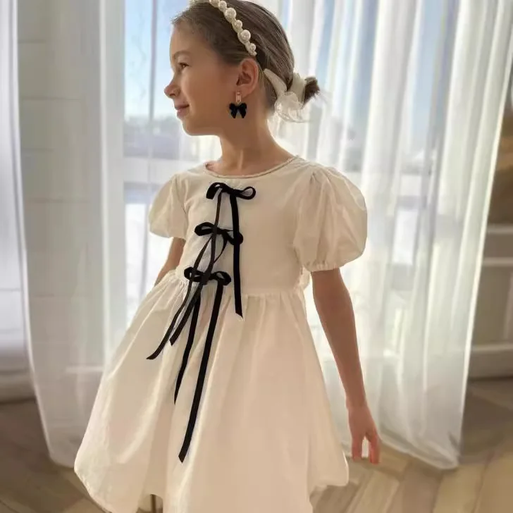 2024  Girls Summer Cotton and Hemp Bow Skirt with Gold Edge Collar Fashion Princess Dress