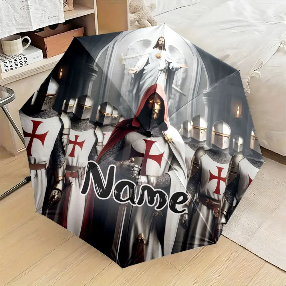 Custom Name Umbrella, Crusader Knights Umbrella with Religious Iconography Folding Umbrella for Sunny and Rainy,Gift