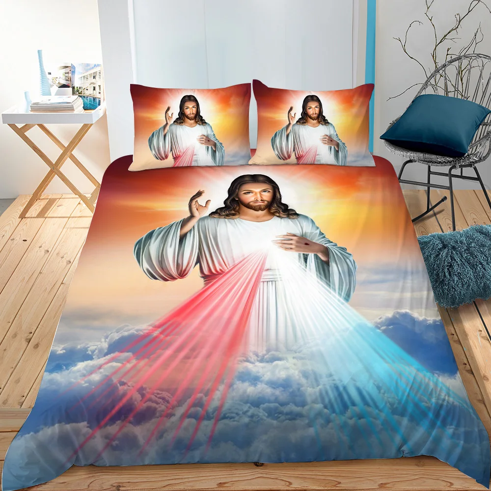 

Jesus Bedding Set Christian Retro Comforter Cover for Teens Adult Jesus Christ Believer Quilt Cover Vintage Style Duvet Cover