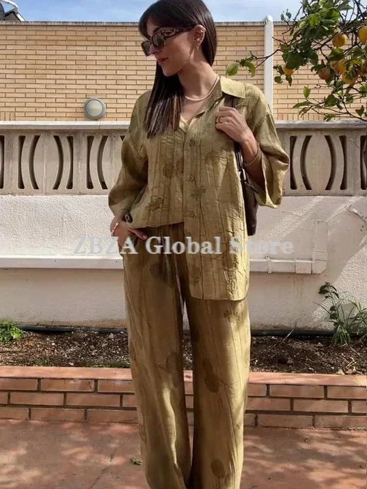 Women\'s Oversized Jacquard Shirt Trousers Suit Lapel Short Sleeves Shirt Elastic High Waist Straight Leg Pants Chic Female Set