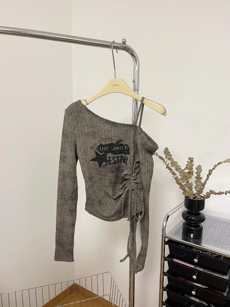 Sexy Long Sve oulder Bared Design Women's T-irt Spring 2025 Faionable Casual Wear Polyester Material Slim Fit