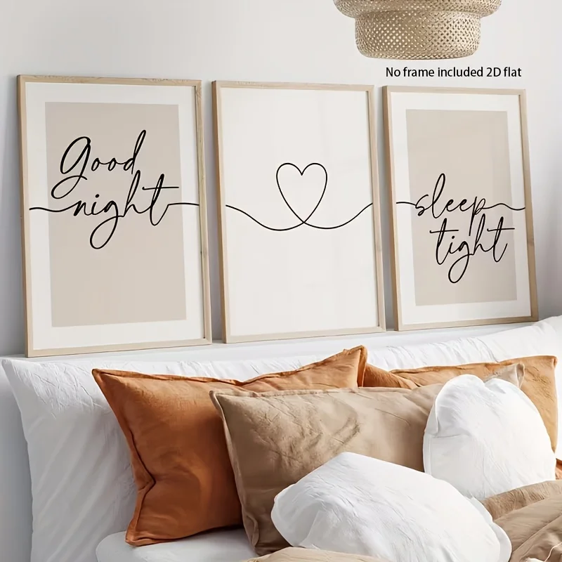 （Noframe 3PCS）-2D Flat, 3pcs Set, Good Night, Wishing You a Good Sleep, Bedtime Quote Print, Frameless Minimalist Bedroom Wal
