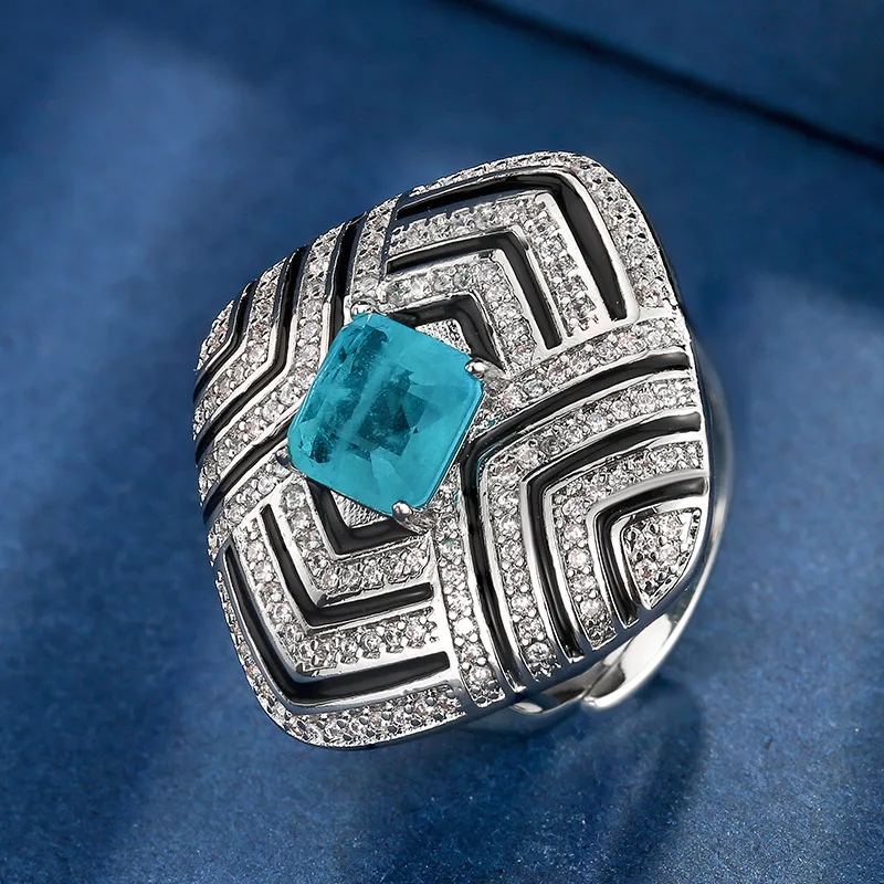 

Vintage Art Deco Style Jewelry with Blue Square Gemstone Adjustable Ring Necklace Sparkling CZ Crystals Statement for Women Gift