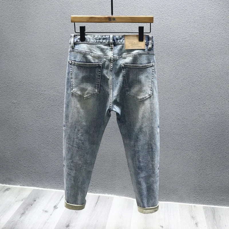 男性、ヒップホップファッション、ヴィンテージデザイナーのデニムパンツ、男性のパンクロックy2kパンツ、青のための折りたたまれたストリートプリントジーンズ