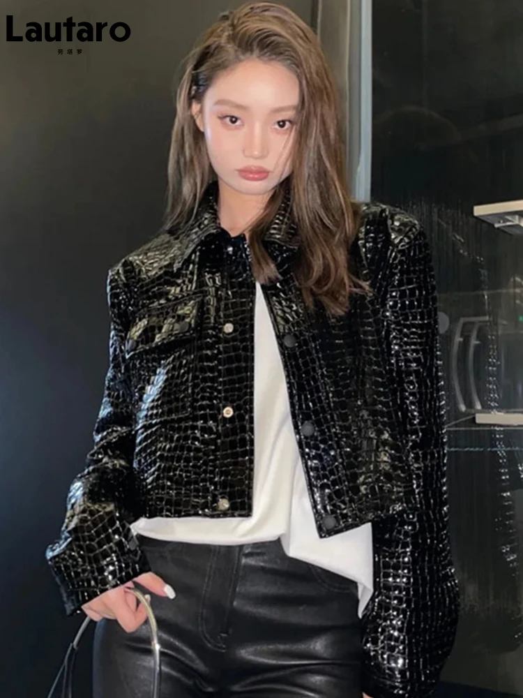 Lautaro Spring Autumn Cool Short Black Shiny Reflective Patent Leather Jacket Women Runway Luxury Designer Clothes Fashion 2022