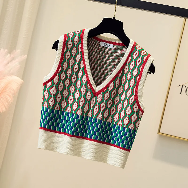 Vintage Knit Tank Tops Sleeveless Sweater Vest Women Patchwork V Neck Loose Oversized Pullover Vest 2023 Spring Warm Casual Tops