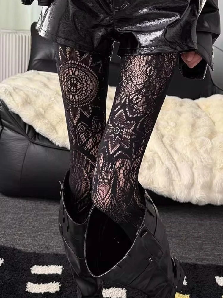 Punk Fishnet Stockings Women's Y2K Retro Style Dark Gothic Totem Large Floral Tights Nylon Sun God Print Pantyhose Boots Socks