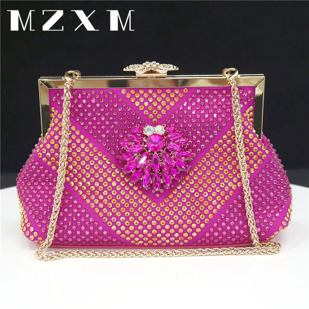 2024 Luxurious Fuchsia Women Evening Bags And Clutches Formal Dinner Diamond Handbags Wedding Rhinestone Purse