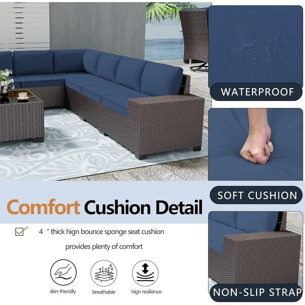 7-Piece Wicker Sectional Patio Furniture Set with Cushions and Tempered Glass Coffee Table