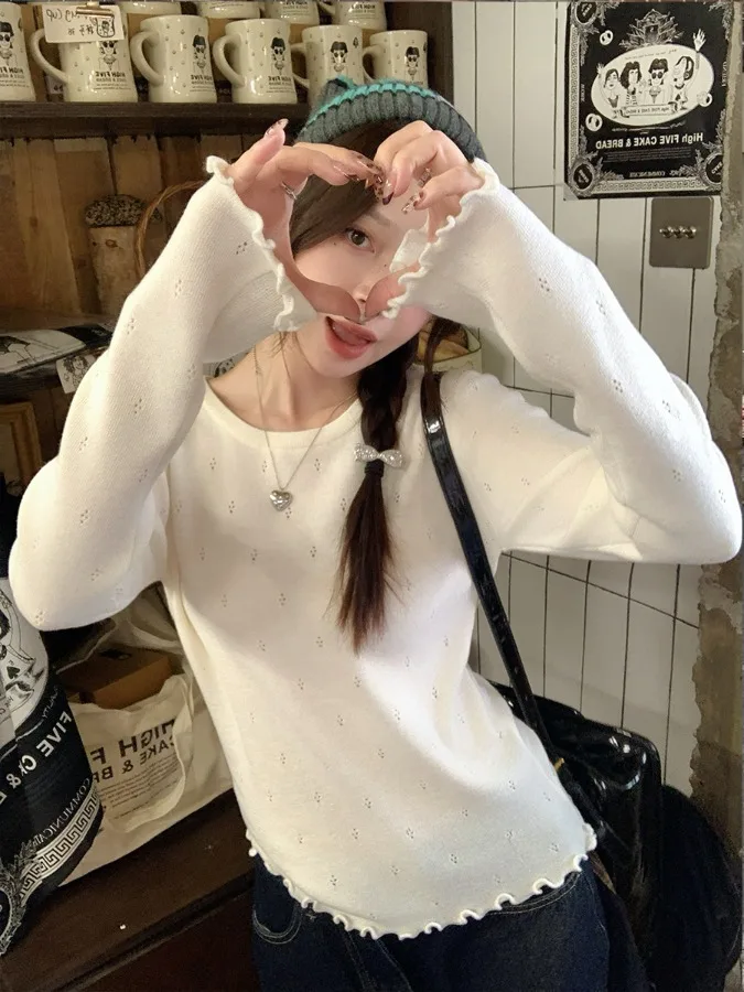 

Women's Slim Fit round Ne Knitwear Hollow out Design Early Autumn New Sle Thin Woolen Sweater Inner Wear White Color