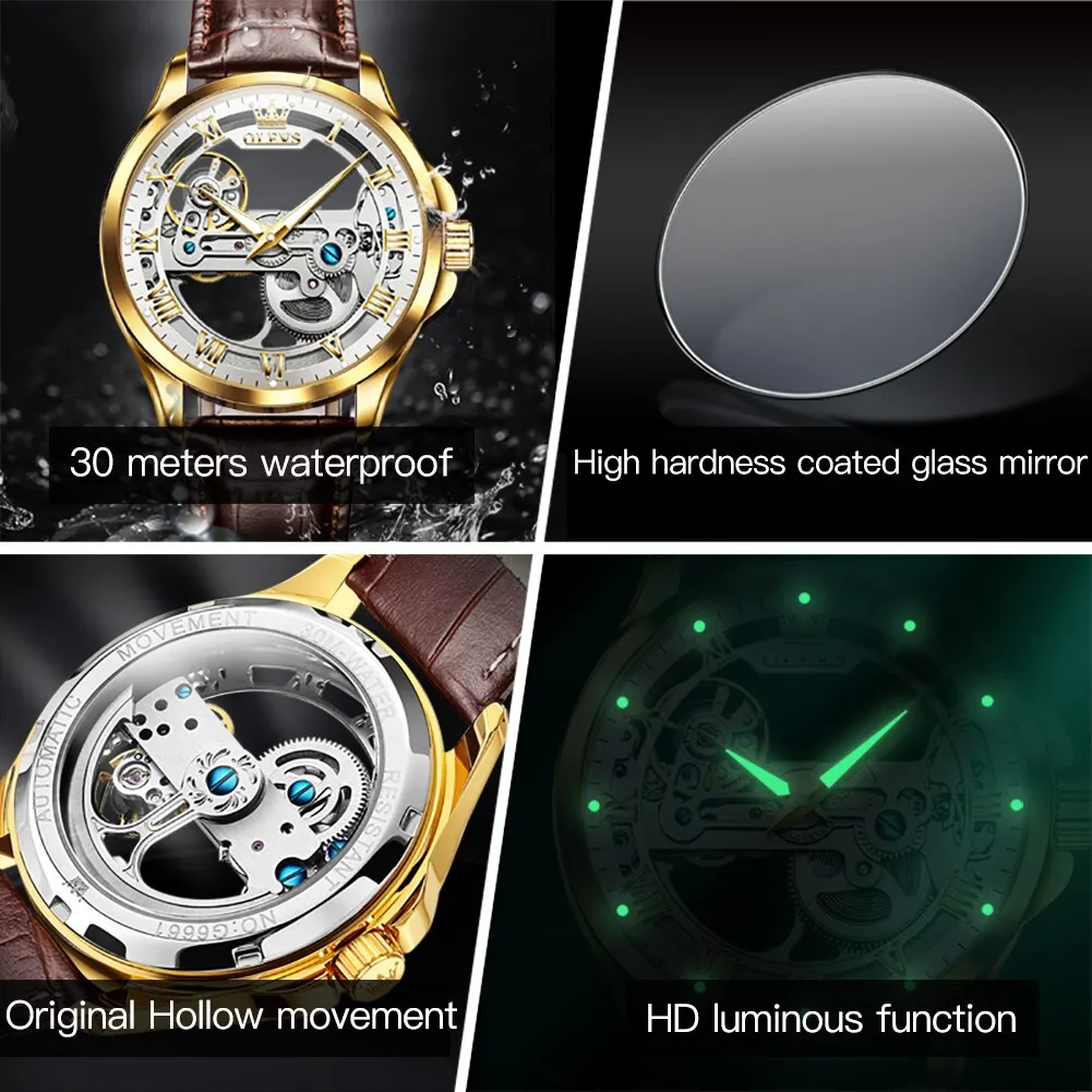 OLEVS-Relógio de pulso mecânico automático masculino de luxo, esqueleto Design, impermeável, pulseira de couro, relógio masculino