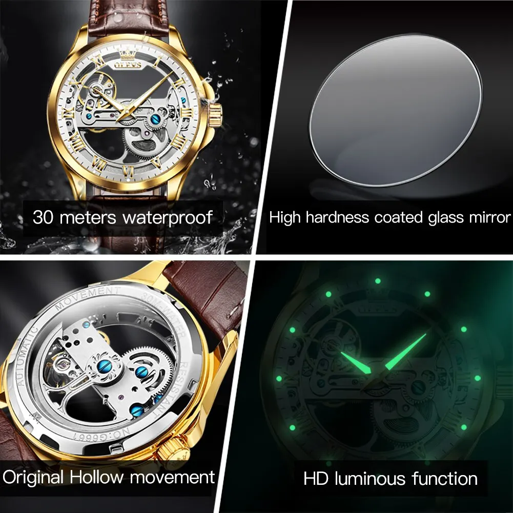 Olevs luxus männer uhren automatische mechanische armbanduhr skelett design wasserdichte lederband herren uhr releoj hombre