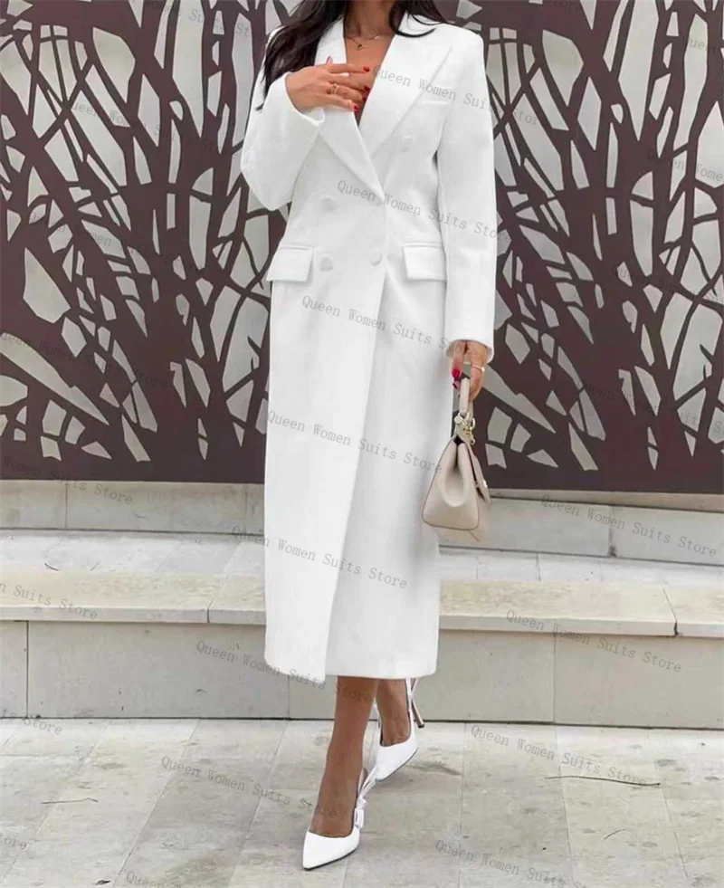 

White Women Suit 1 Piece Long Blazer Prom Dress Autumn Fall Formal Office Lady Jacket Overcoat Double Breasted Customized