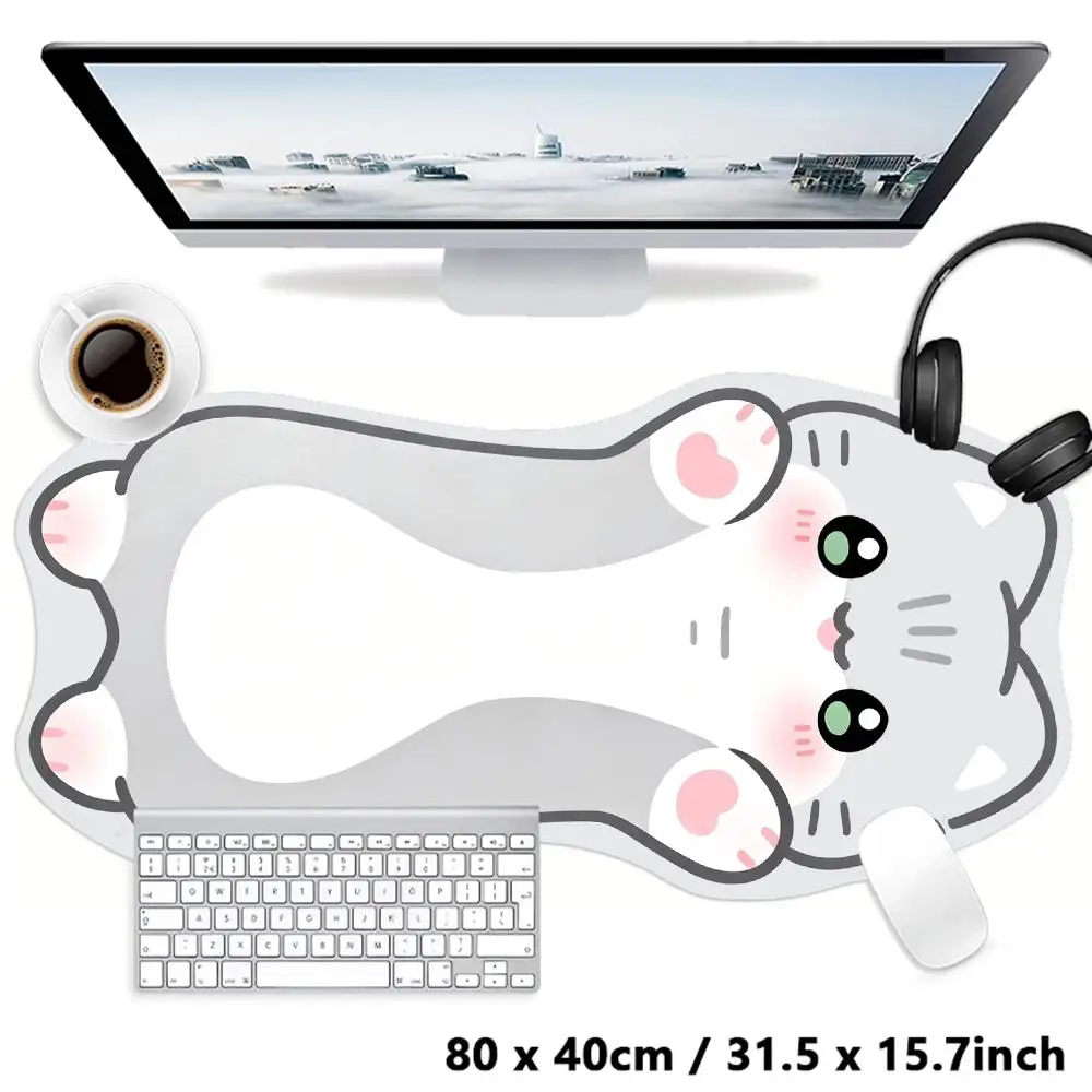 HD Computer Game Table Mats  Cheerful Orange White Kitty Irregular Shape Playmat Fit Large Size Laptop Office Learning Mat