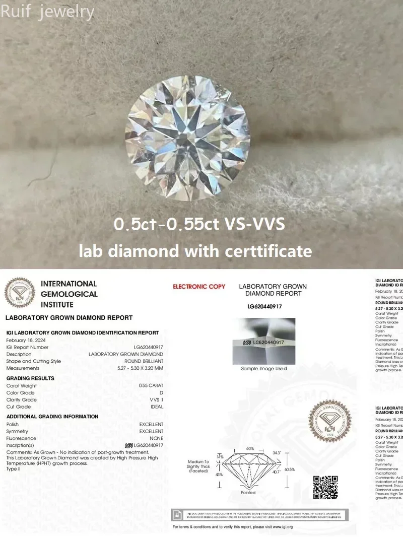 Ruif 0.5ct-0.55ct D VS-VVS Lab Grown Diamond HPHT Gemstone With IGI Certificate for Fine Jewelry Making