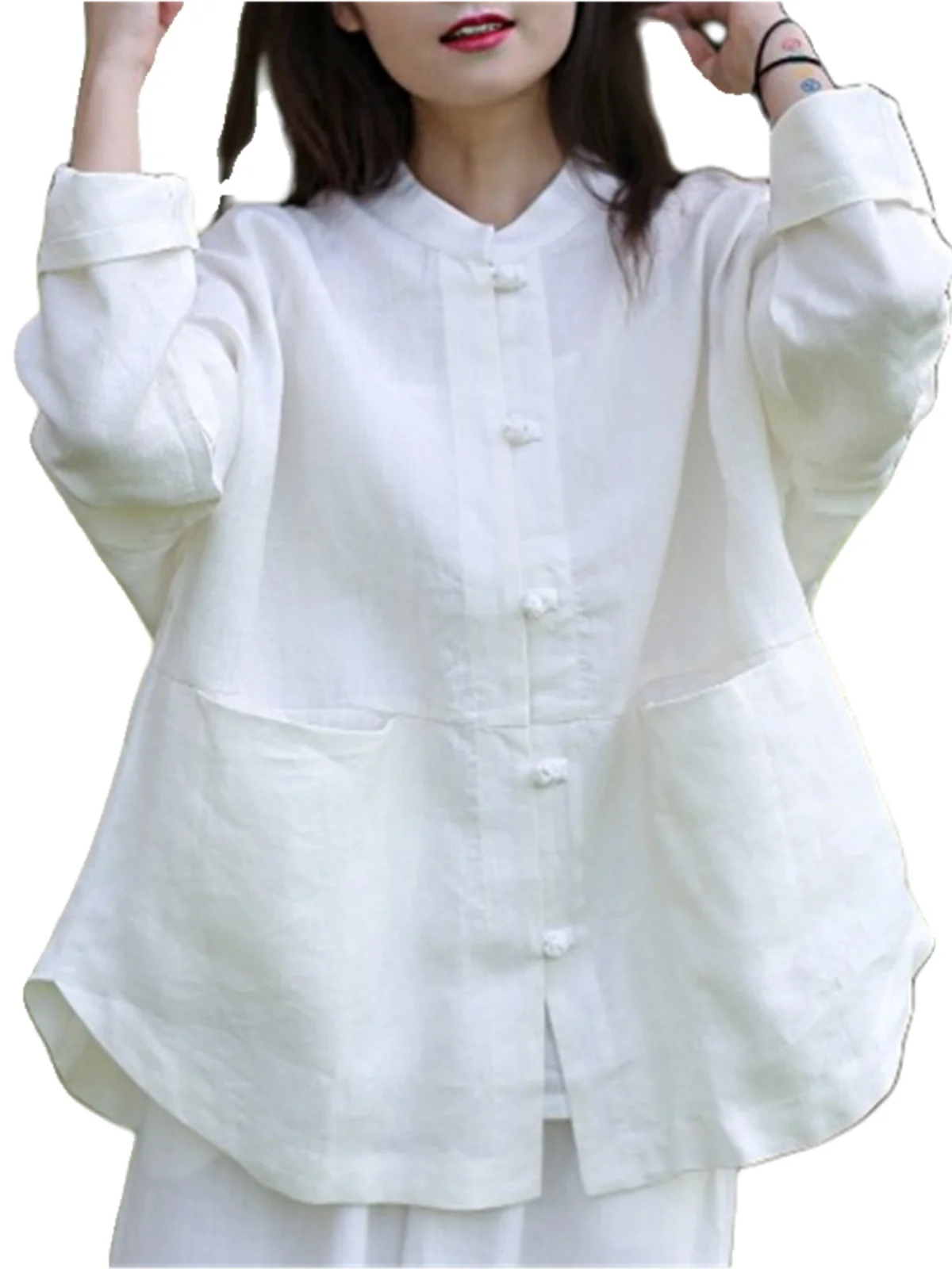 新しい中国風綿麻素材の日本の女性用ジャケット、スタンドカラー、ロング丈、スリーブ、太極拳、レトロなボタン留め、カジュアル、白...