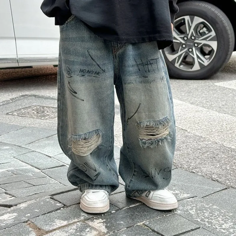 2025 New Boys Ripped Jeans Korean Style Autumn Spring Kids Long Pants Trendy Stylish Jeans