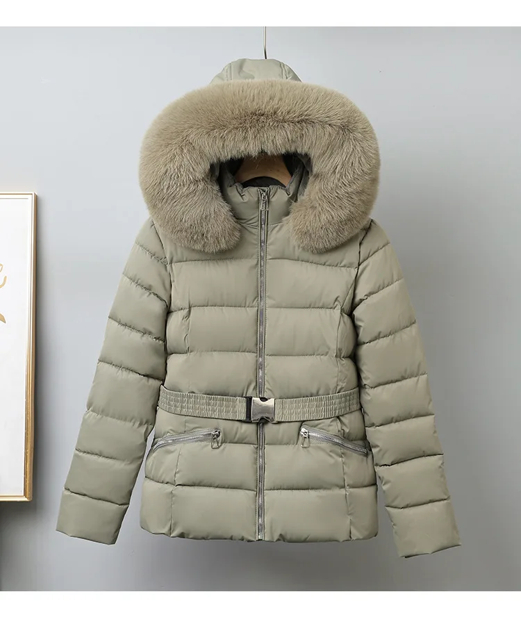 Winter Solid Color Long-sleeved Fur Collar Hooded Short Down Cotton Jacket Women's Slim Winter Thickened Versatile Warm Jacket