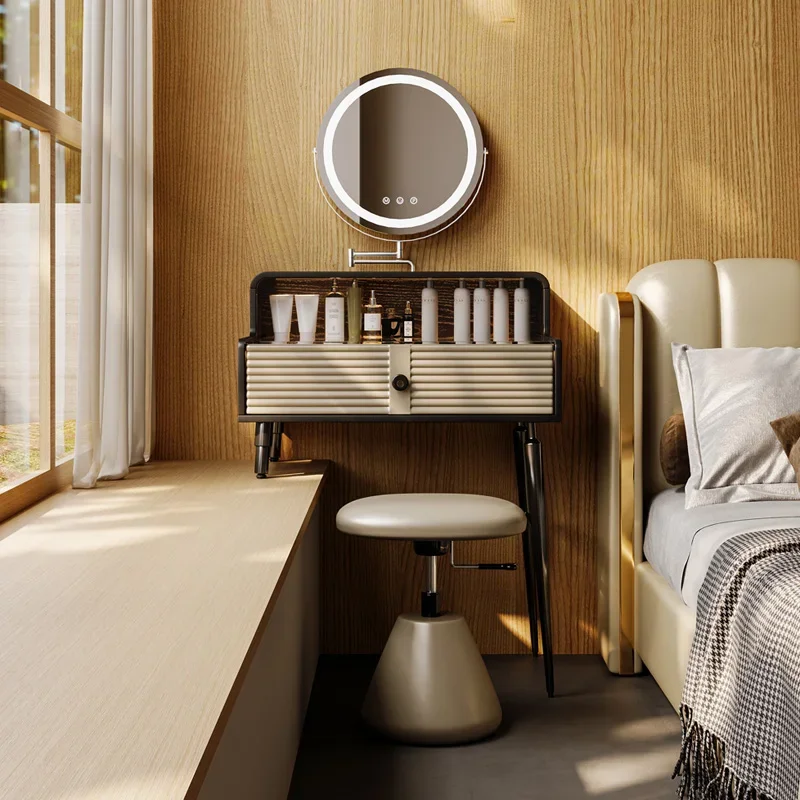 

New light luxury solid wood bay window dresser half with long and short legs desk bedroom retractable high and low feet makeup