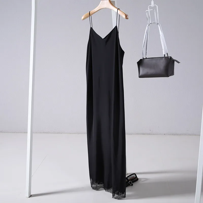 Double-layered Crepe Silk Eyelash Lace Hem Slip Dress Backless Sleeveless Dress