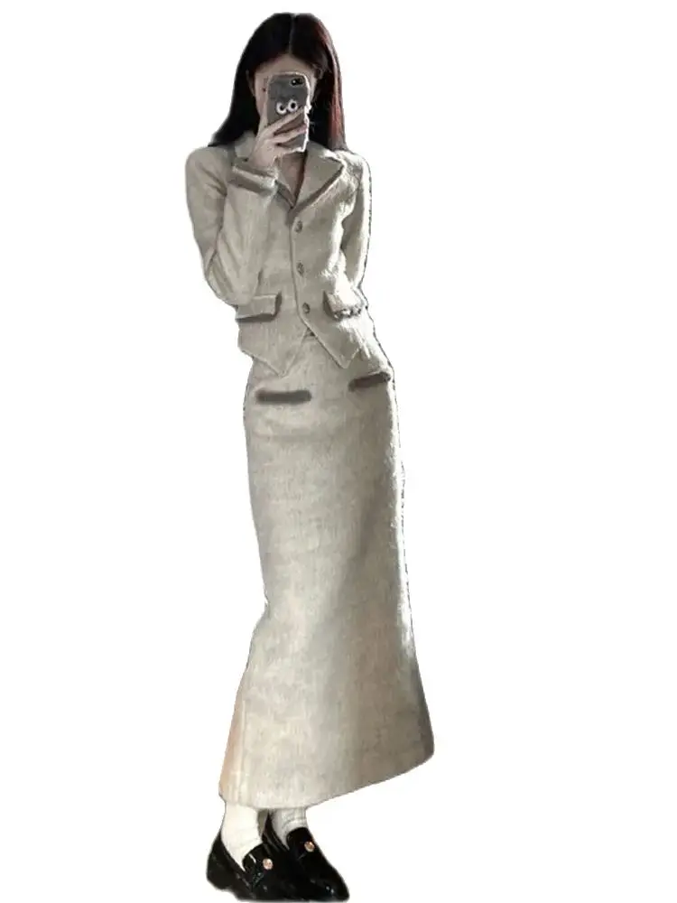 Korea Women's Contrast Color Hook Edge Suit Jacket Hip Skirt Suit Retro Waist Woolen Blazer Overskirt Two-piece Sets