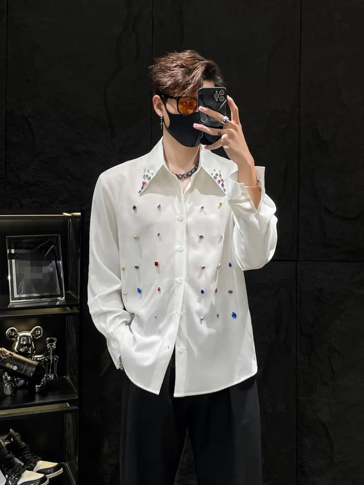 Business Casual Fashion Mens Solid Color Shirt Long Sleeve Diamonds Loose Fit Single Breasted Party Nightclub Shirt Tops Male