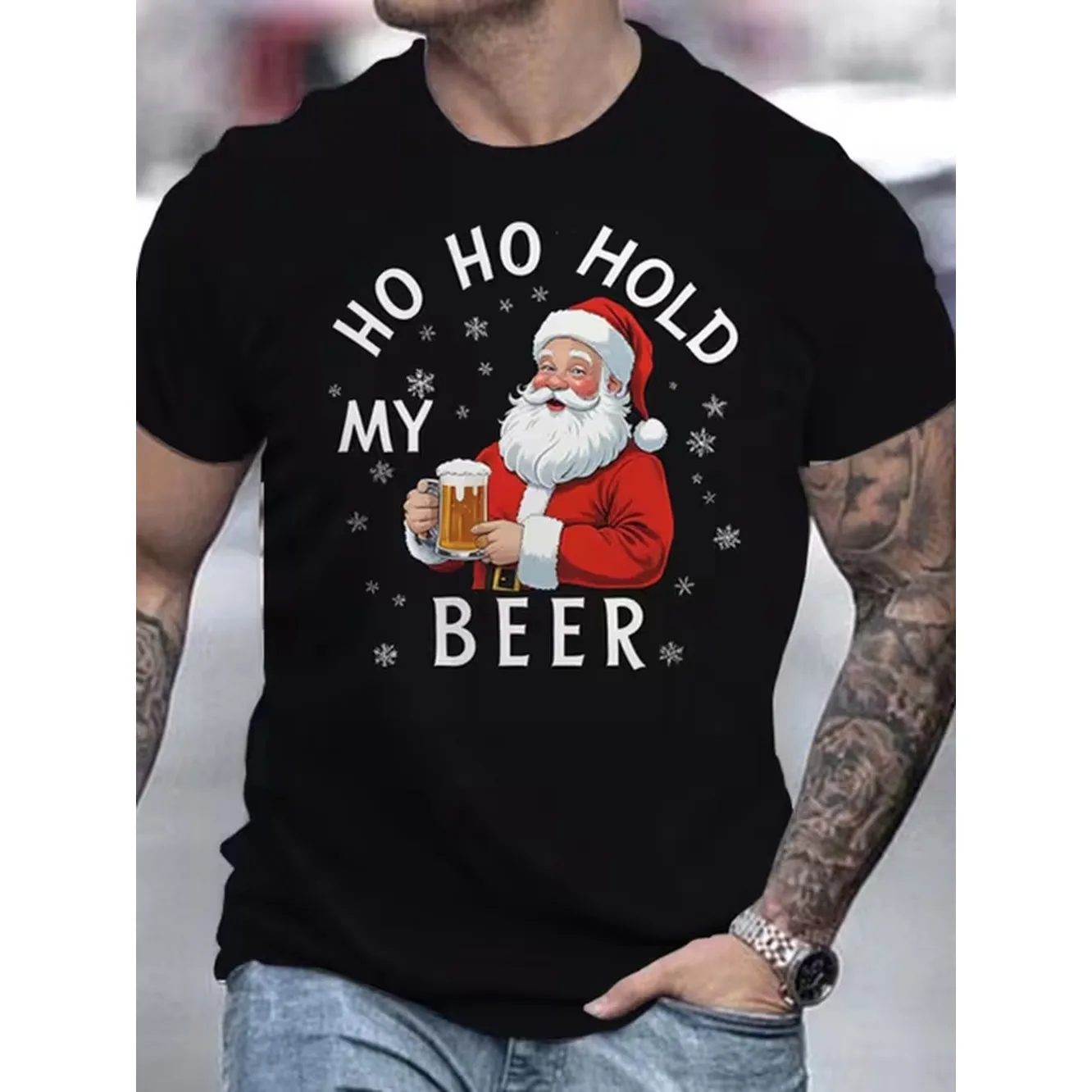 Mens Funny Ho Hold Beer Christmas T Shirt Santa with Beer Mug Print Loose Fit Short Sleeve Round Neck Summer Holiday Attire Machine Washable Casual Top