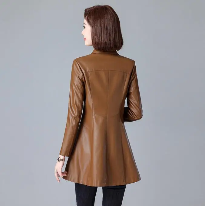 Neue Frauen Frühling Herbst Leder Mantel Lässige Mode Drehen Unten Kragen Medium Lange Lose Trenchcoat