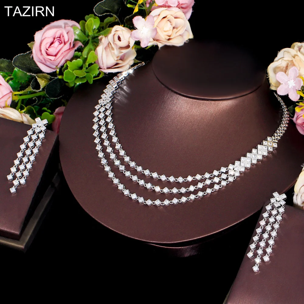 TAZIRN Dubai Arabic Style 5A Zircons Wedding Jewelry 2Pcs/Set for Women Bridal 3 Layered Design Necklace and Earrings Sets Gifts