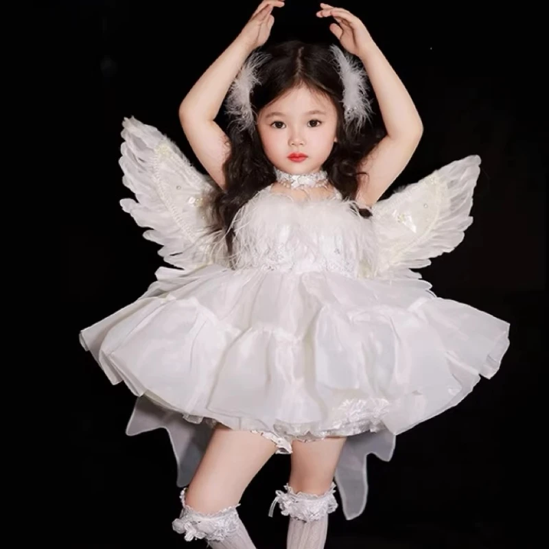 Girls White Swan Lolita Princess Dress Children's Beautiful Wedding Boutique Dress Flower Girls Birthday Angel Feather Custom
