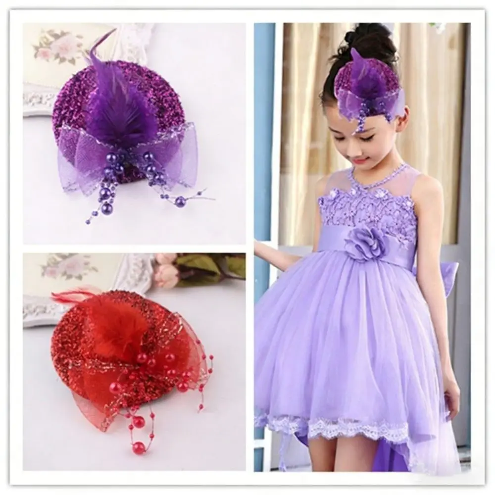 Cute Glitter Girl Fascinator Hat Mesh Children's Top Hat Feather Headwear Dance Girl Hair Accessory