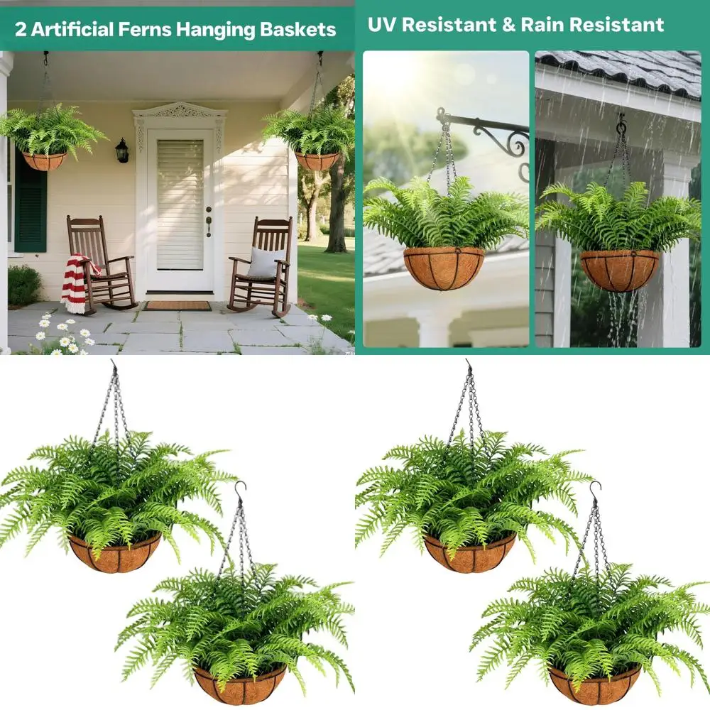 

2-Piece Artificial Hanging Ferns, Lifelike Outdoor UV-Resistant Plants for Patio, Porch, and Garden Decor