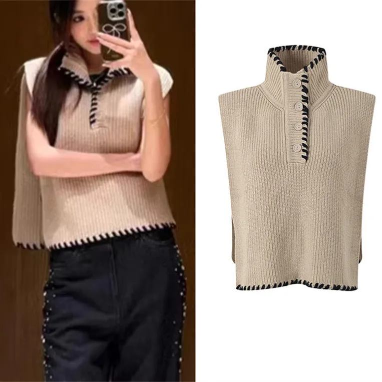 High-End Version Ladies Fashionable Comfortable Black Lace Trim Shoulder Wrap Vest Knitted Sweater Autumn Winter New Style