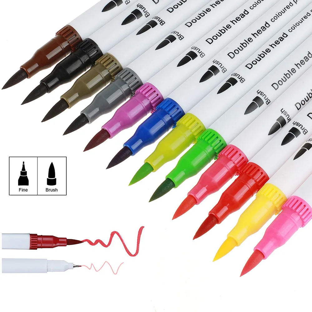 

12/24 colors Water-Based Washable Brush Pens Set: Double-Sided Soft Tip Markers for Artistic Learning, Office & School Supplies
